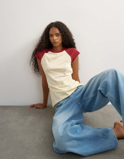 Topshop color block raglan t-shirt in burgundy