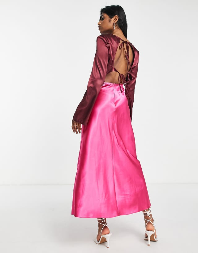 Topshop color block satin cut-out midi dress in pink and dark red 2