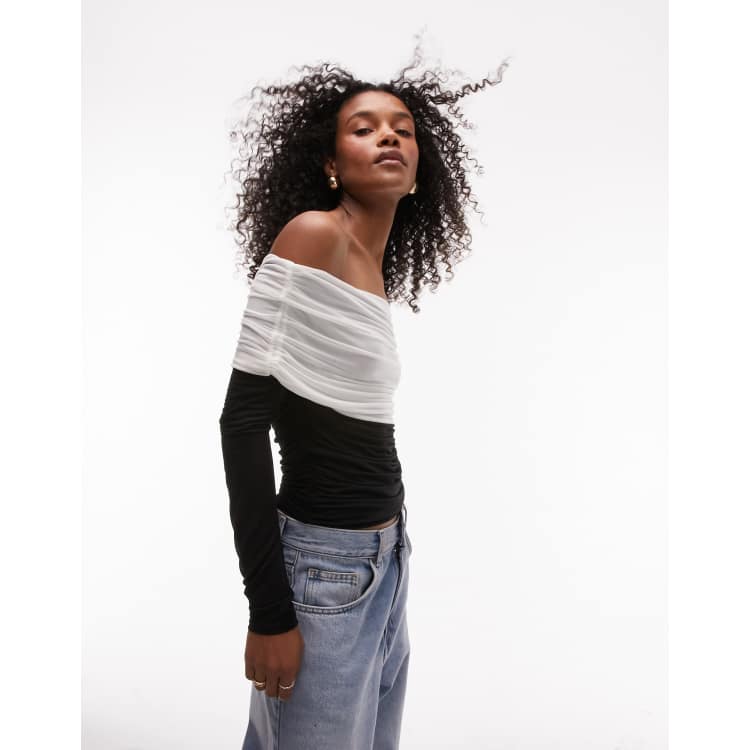 White bardot top hot sale long sleeve