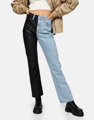 TOPSHOP COLOR BLOCK STRAIGHT LEG JEANS IN BLEACH-BLUES