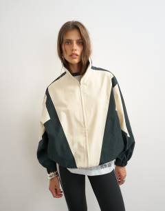 Colour block funnel neck jacket in ecru