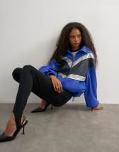 Topshop colour block leather look track jacket in blue