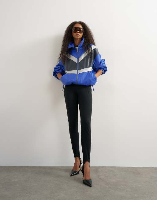 Topshop colour block leather look track jacket in blue, 2 of 4