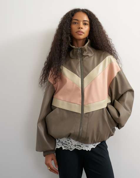 Topshop colour block leather look track jacket in pink - view 1
