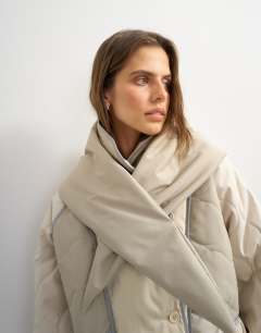 Model wearing Colour block patch liner with scarf in neutral