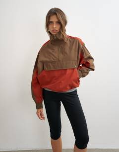 Colour block pocket detail zip up jacket in brown and red