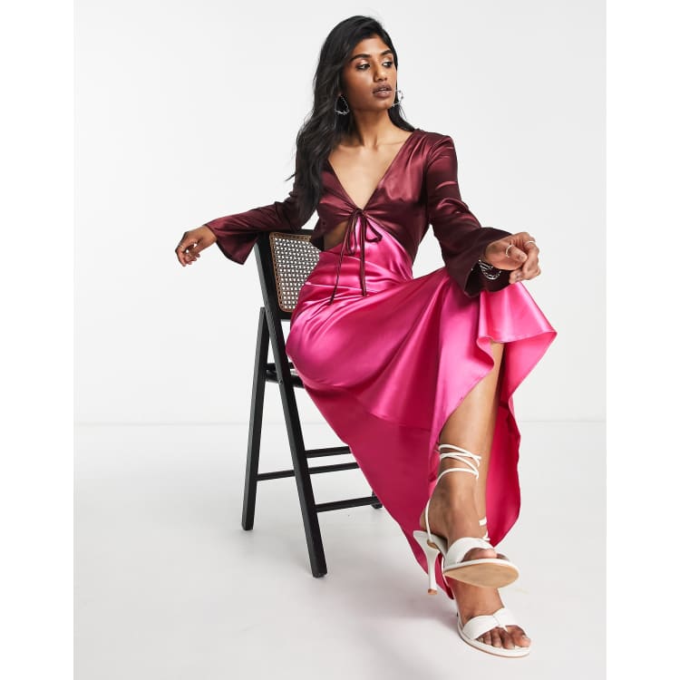 Topshop colour block satin cut out midi dress in pink and dark red ASOS