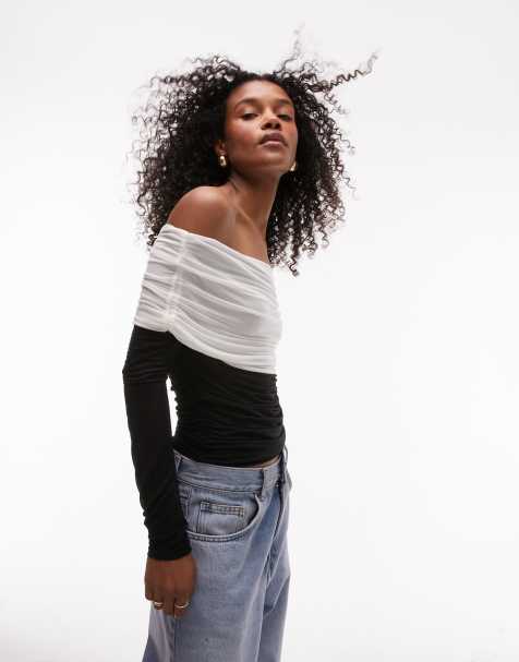 Topshop colour block sheer long sleeve bardot in stone - view 1