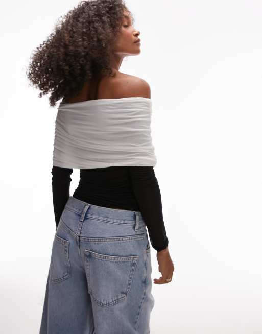 Topshop colour block sheer long sleeve bardot in stone, 4 of 4