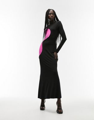 Topshop colour block swirl jersey maxi in black and pink