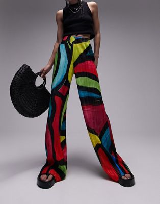 Topshop colour graphic printed plisse wide leg trouser in multi