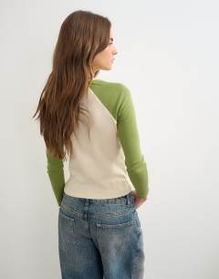 Model wearing Colourblock raglan long sleeve t-shirt in green