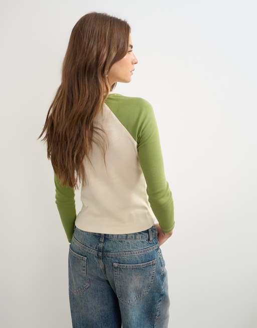 Topshop colourblock raglan long sleeve t-shirt in green, 4 of 4