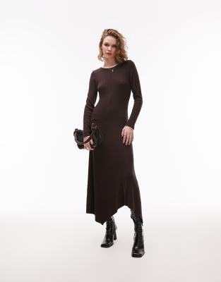 Topshop column cosy rib maxi dress in chocolate-Brown
