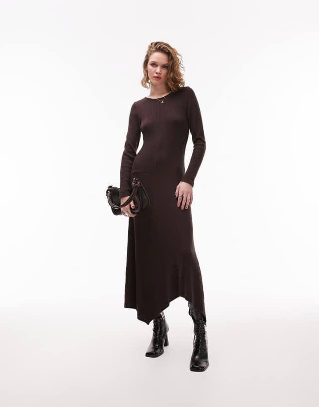 Topshop column cozy rib maxi dress in chocolate