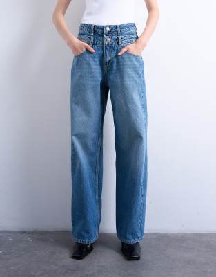 Topshop - Column - Jeans in Mittelblau mit doppeltem Taillenbund-Schwarz