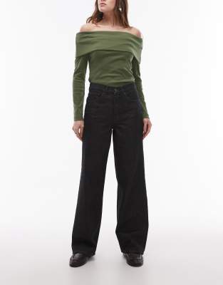 Topshop - Column - Jeans in Schwarz-Ecru mit mittelhohem Bund und lockerem Schnitt