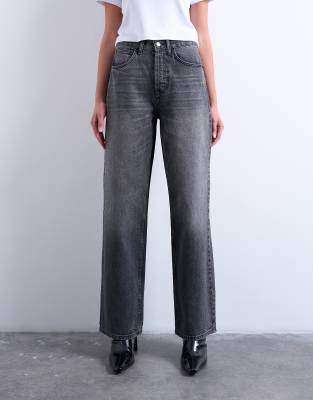 Topshop - Column - Jeans in verwaschenem Schwarz mit mittelhohem Bund