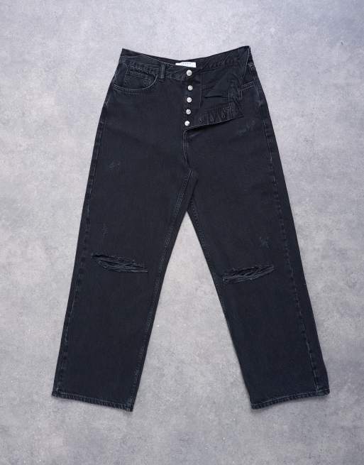Topshop Column mid rise jean with rip in washed black, 6 of 7