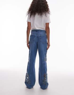Topshop Column Mid Rise Jeans With Cutwork Details In Blue