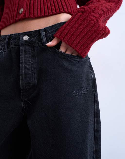 Topshop Column mid rise jeans with rip in washed black, 4 of 7