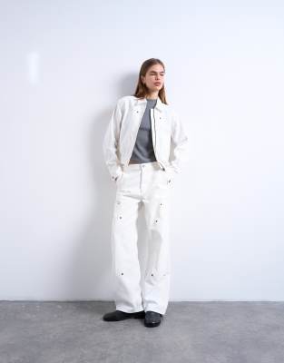 Topshop Column Mid Rise Straight Jeans With Utility Pockets In White