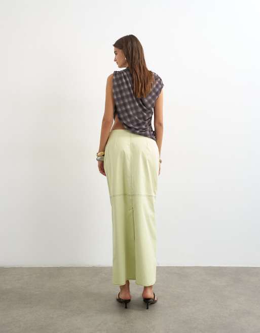 Topshop column midi skirt with contrast stitch detail in light green, 5 of 5
