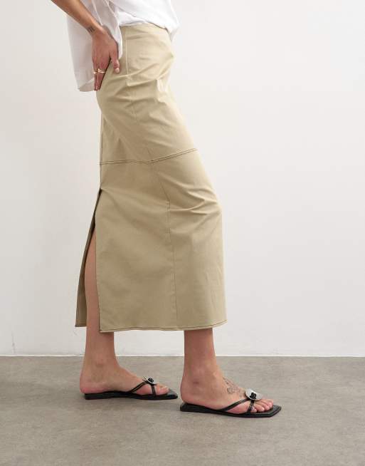 Topshop column midi skirt with contrast stitch detail in stone, 3 of 5