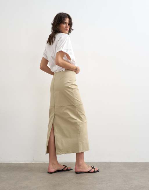 Topshop column midi skirt with contrast stitch detail in stone, 4 of 5