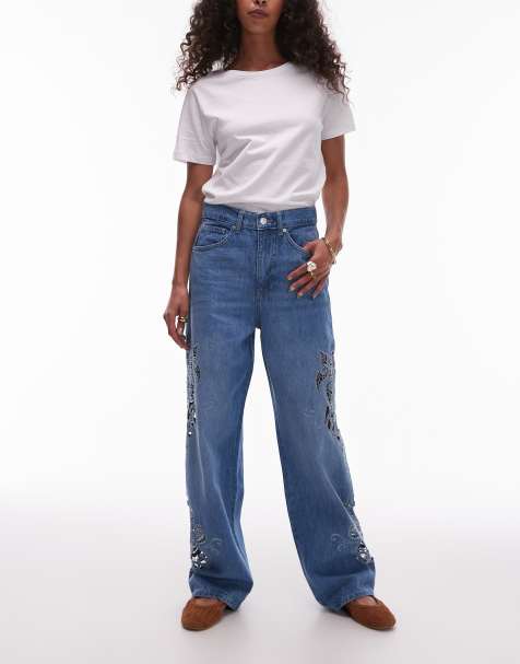 Topshop Column – Niebieskie kolumnowe jeansy ze średnim stanem z ozdobnymi detalami - view 1