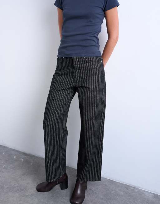 Topshop - Column - Rechte gestreepte jeans met halfhoge taille in zwart, 2 van 7