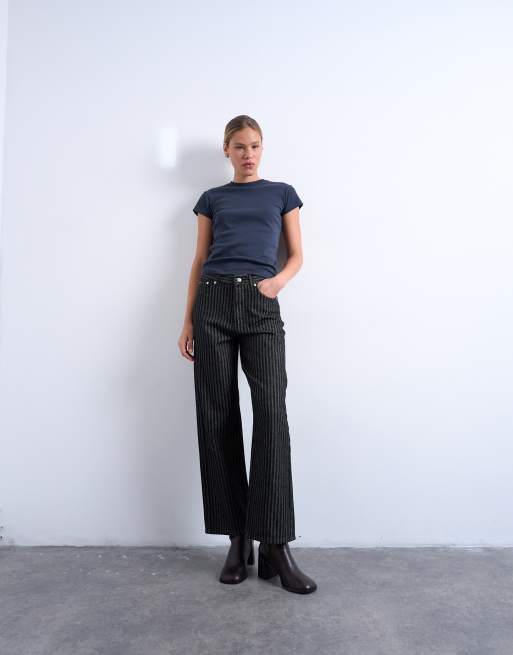 Topshop - Column - Rechte gestreepte jeans met halfhoge taille in zwart, 5 van 7
