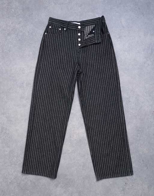 Topshop - Column - Rechte gestreepte jeans met halfhoge taille in zwart, 6 van 7