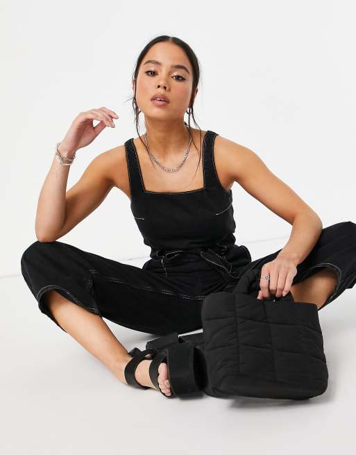 Topshop - Combinaison en denim de coton à encolure carrée - Noir - BLACK, 4 de 4