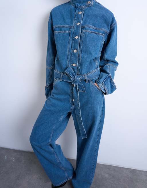 Topshop - Combinaison en jean à col cheminée et ceinture - Bleu moyen, 4 de 4