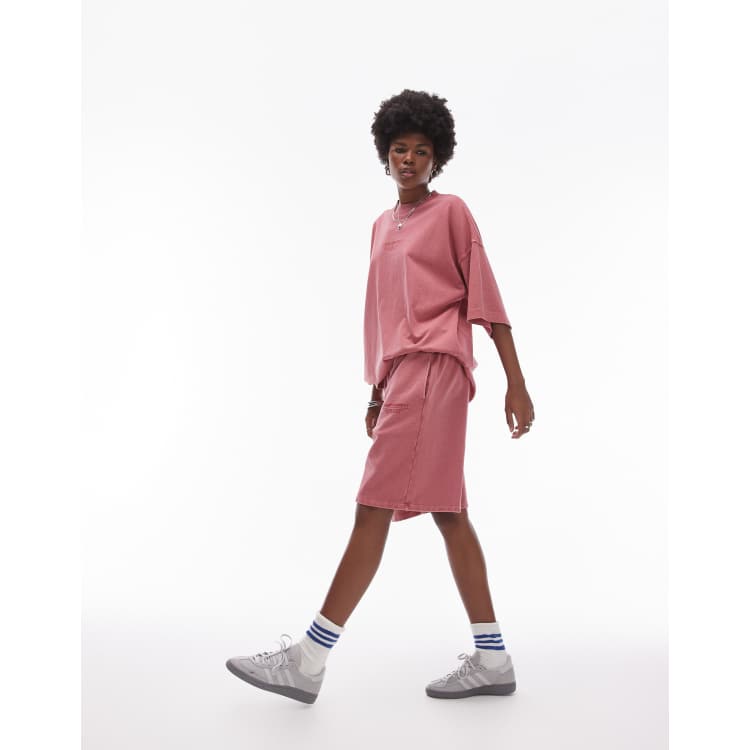 Topshop community co ord graphic acid wash longline jogger short in washed pink CksoShops