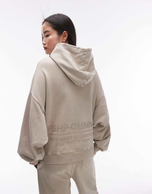 Topshop community co-ord graphic oversized hoodie in stone