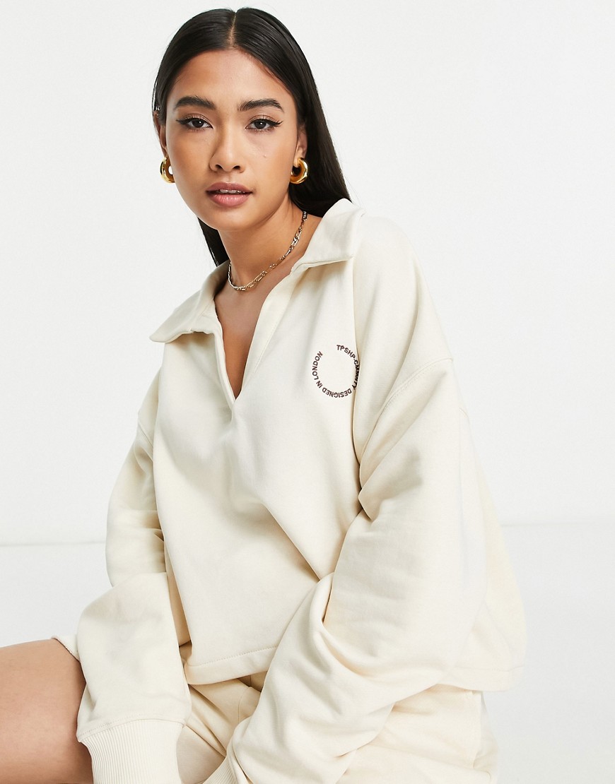Topshop community embroidered polo sweatshirt in ecru - part of a set-White