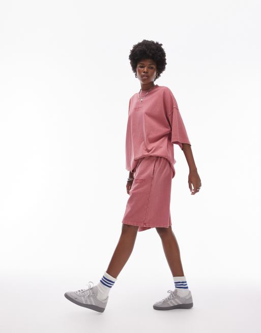 Topshop community graphic acid wash longline sweatpants fabric shorts in washed pink - part of a set