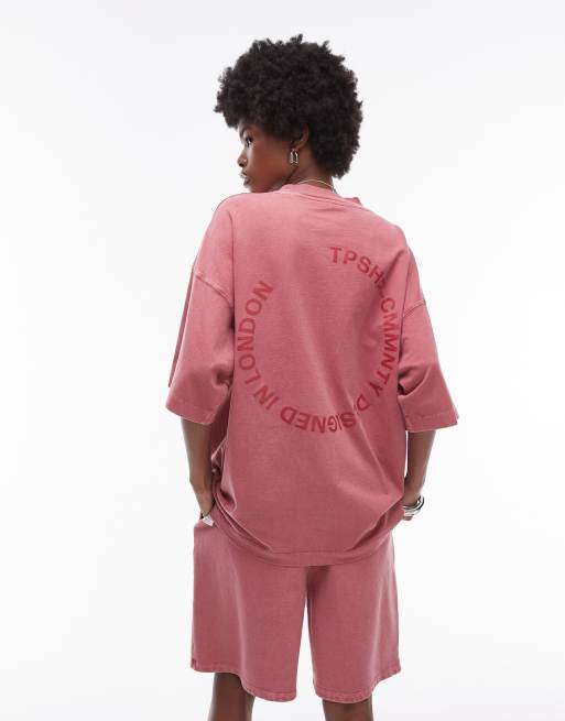 Topshop – Community – Różowy T-shirt oversize z napisem i efektem sprania, część zestawu