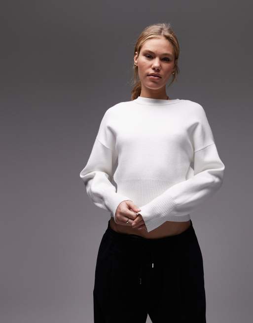 Topshop - Compact gebreide getailleerde trui in ivoorwit