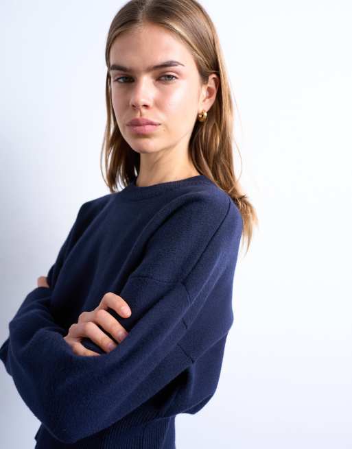 Topshop - Compact gebreide getailleerde trui in marineblauw, 4 van 4