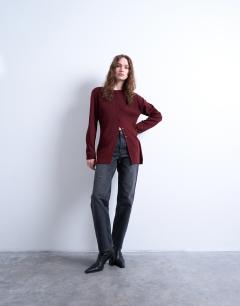 Model wearing Compact knit longline cardigan co ord in burgundy