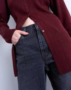 Model wearing Compact knit longline cardigan co ord in burgundy