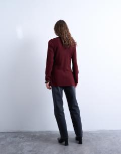 Model wearing Compact knit longline cardigan co ord in burgundy