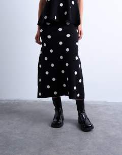 Model wearing Compact knit skirt co-ord in polka dot