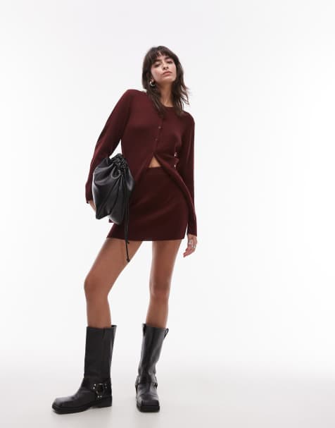 Topshop compact knitted mini skirt in burgundy (part of a set) - view 1