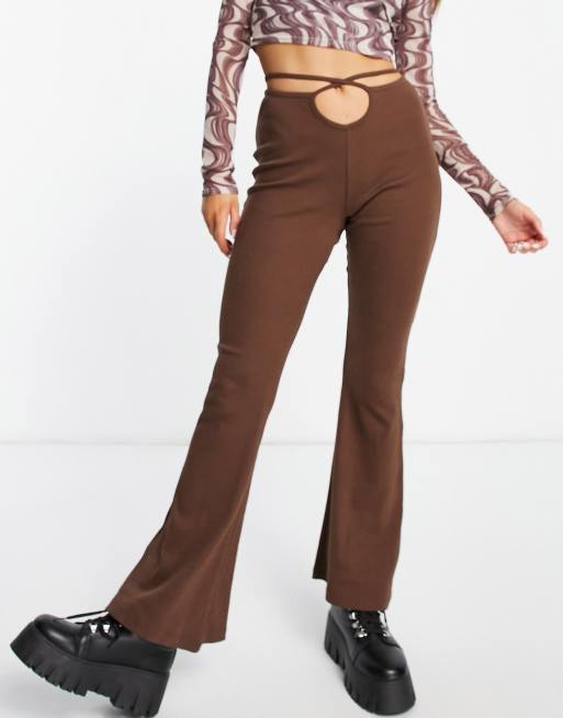 Topshop compact rib flared pants with cross hip straps in brown (part of a set)