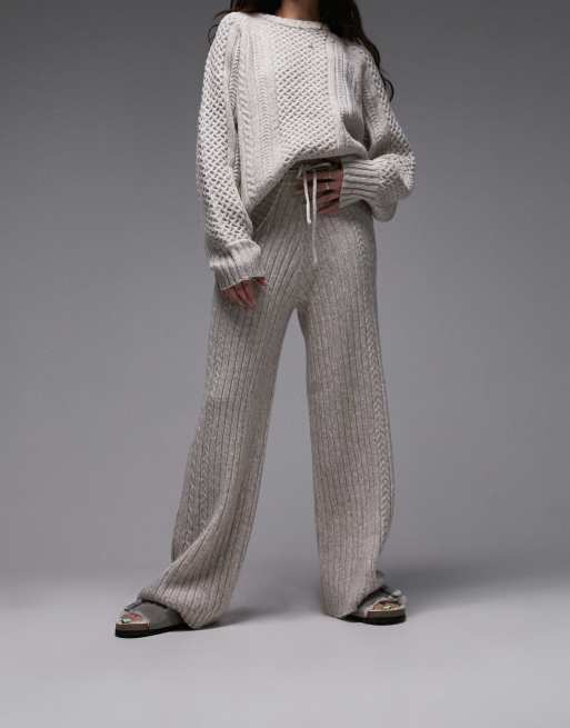 Topshop - Completo da casa in maglia color avena lavorata a trecce con maglione e pantaloni a fondo ampio