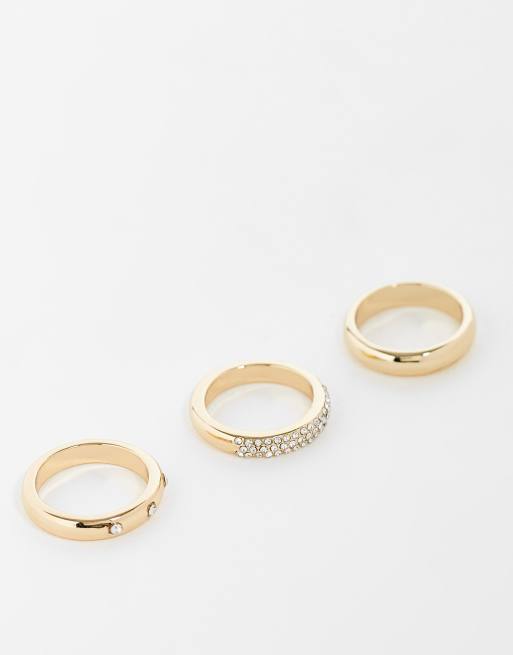 Topshop - Confezione da 3 anelli color oro con fascia pavé 